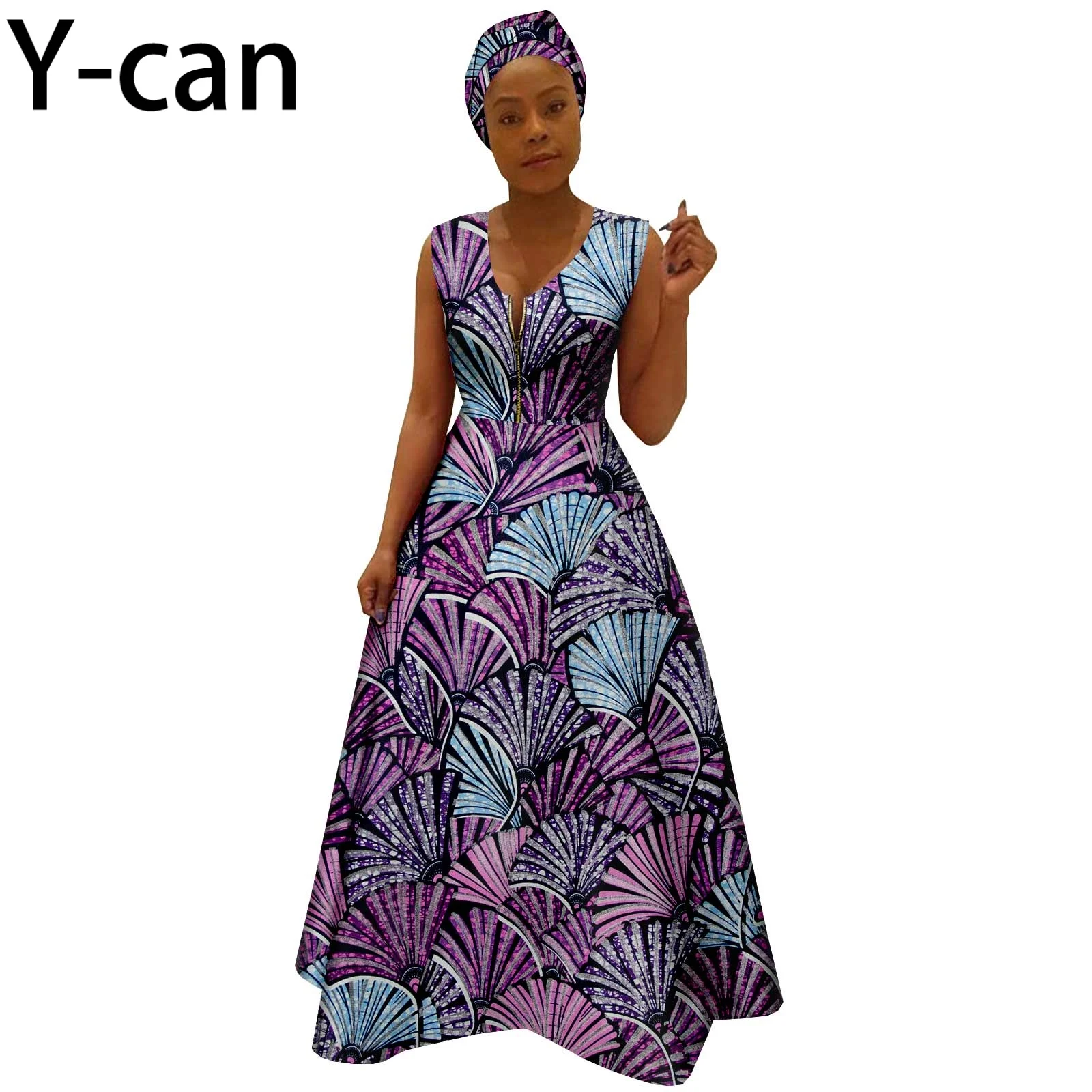 Afrykańskie sukienki dla kobiet Sexy Vintage Summer V-neck Dashiki Print Sleeveless with Headwrap Bazin Riche Party Vestidos Y 2225019