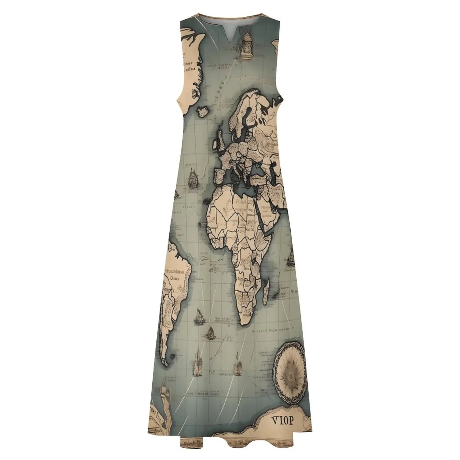 Vintage World Map Dress Historical Map Elegant Maxi Dress Streetwear Casual Long Dresses Female Sleeveless Oversized Vestidos