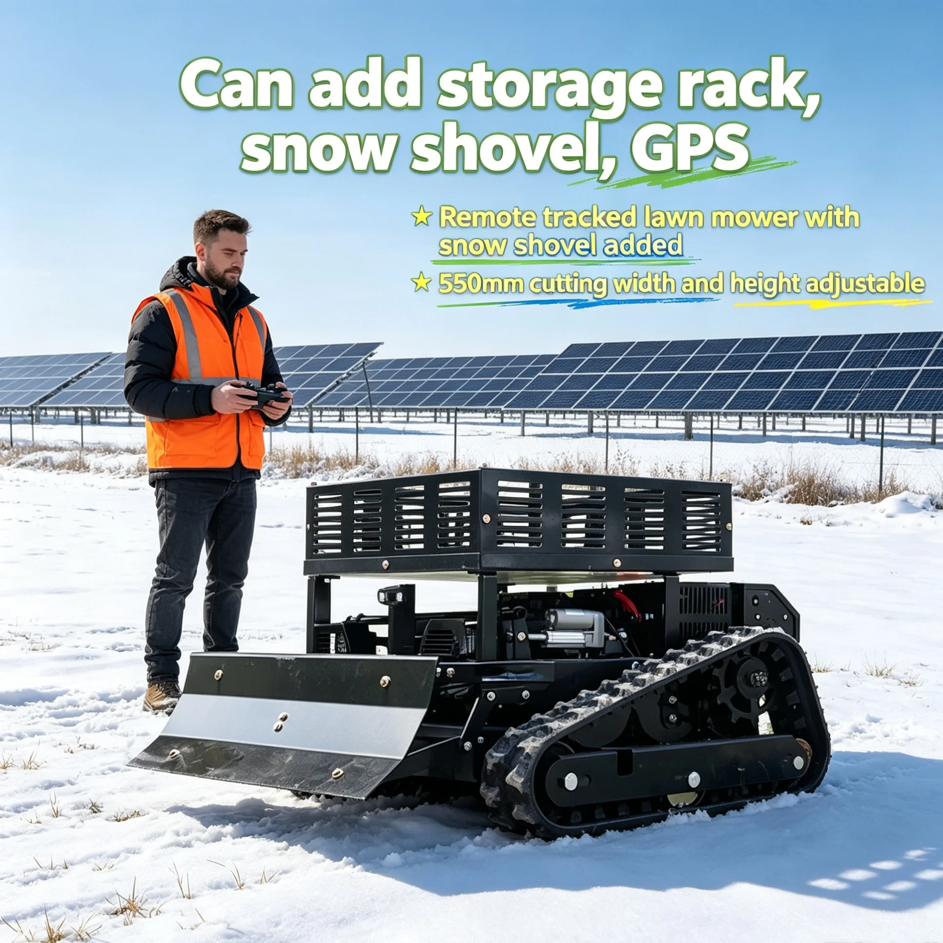 Customized Industrial Self-propelled Mower with Storage Rack, GPS module and anti-slip track preventing sideslip on large slope