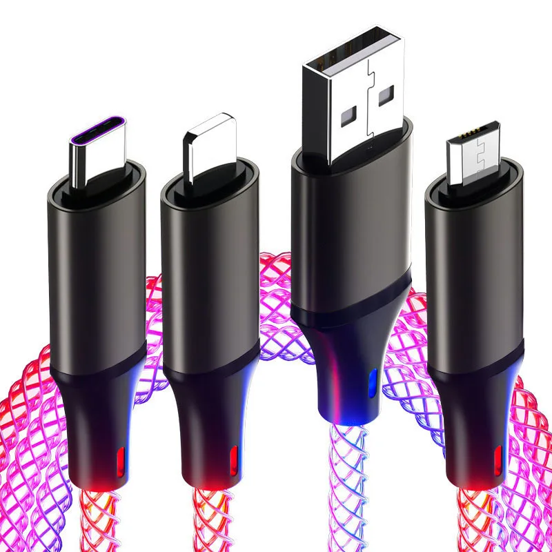 3 in 1 RGB USB Cable 66W 6A Fast Charging Charge Cable Type C PD 100W Corlorful Micro USB Glowing Cable for iPhone Huawei Xiaomi