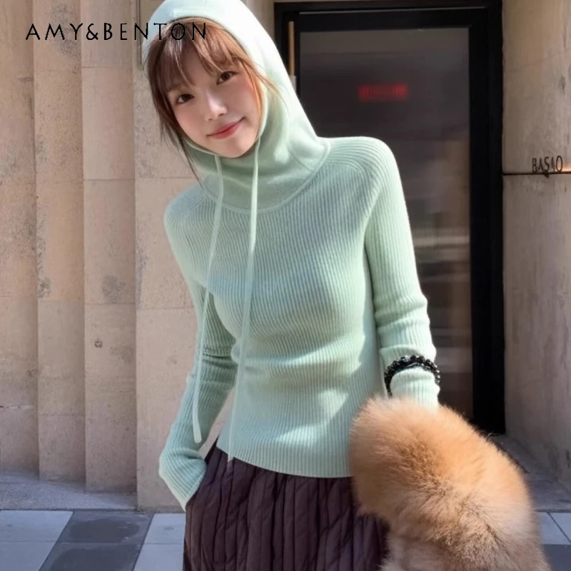

2026 Spring New Mint Green Hooded Women's Knitted Sweater French Design Waist Slimming Elegant Inner Lace-up Sweaters Ladies