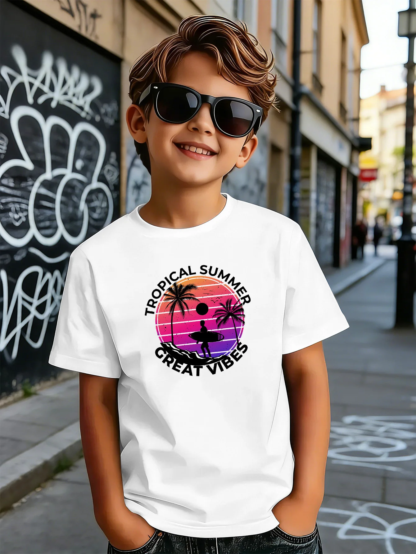 Tropical Summer Surf Palm Tree Sunset Print Kid T Shirt Boys Girls Short Sleeve Crew Neck Cotton Beach Parent Child Matching Tee