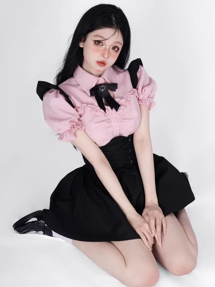 Woman Jk 2 Piece Set Streetwear Pink Ruffled Pleated Crop Blouse + Harajuku Bandage Skirts Sweet Y2k Aesthetic Outfits for Women