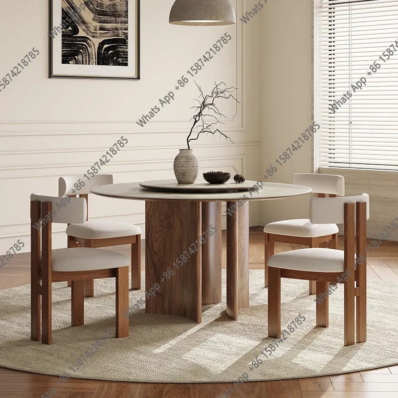 C French Retro Solid Wood Dining Table And Chair Combination Round With Turntable For Home Use Modern Simple Style Designer Rock