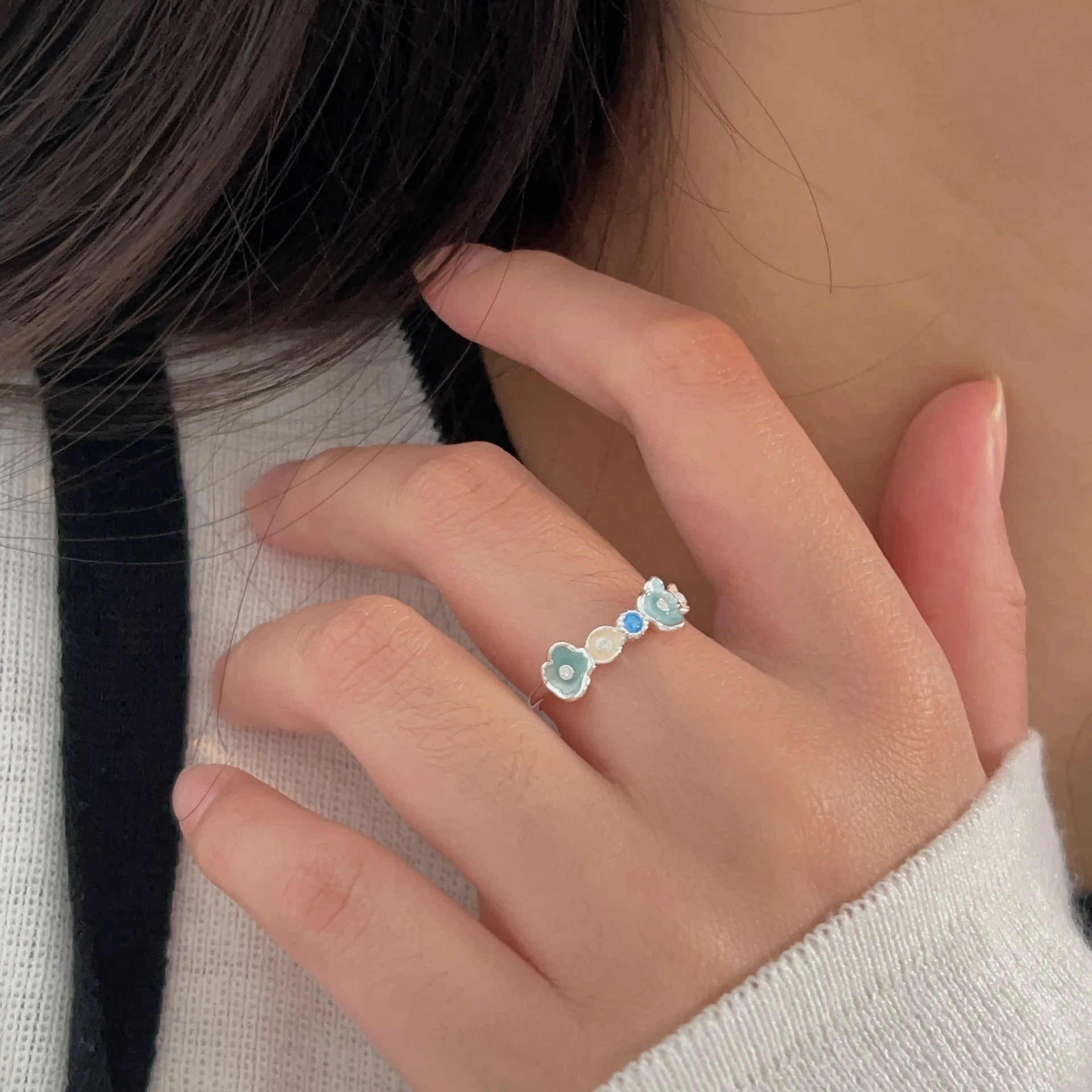 Flower Style Oil Drip Enamel Blue Ring Female Super White Niche Design Index Finger Ring Light Luxury High Sense of Finger Ring