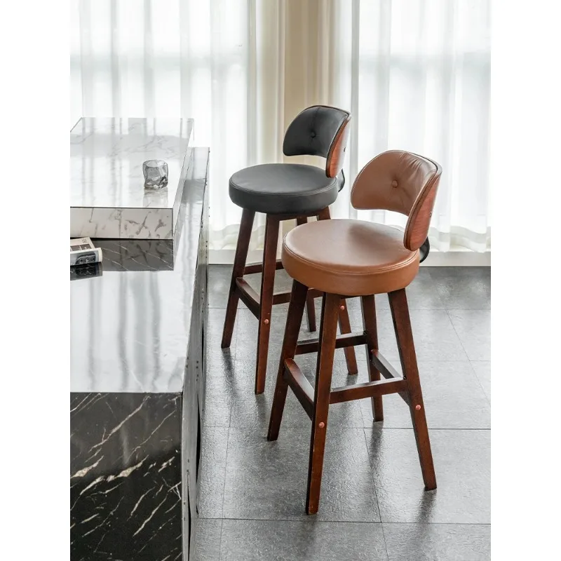 

*#g forModern Simple Solid Wood Cowhide Leather Back Bar Stool Scandinavian Light Luxury High Stools bar stools*