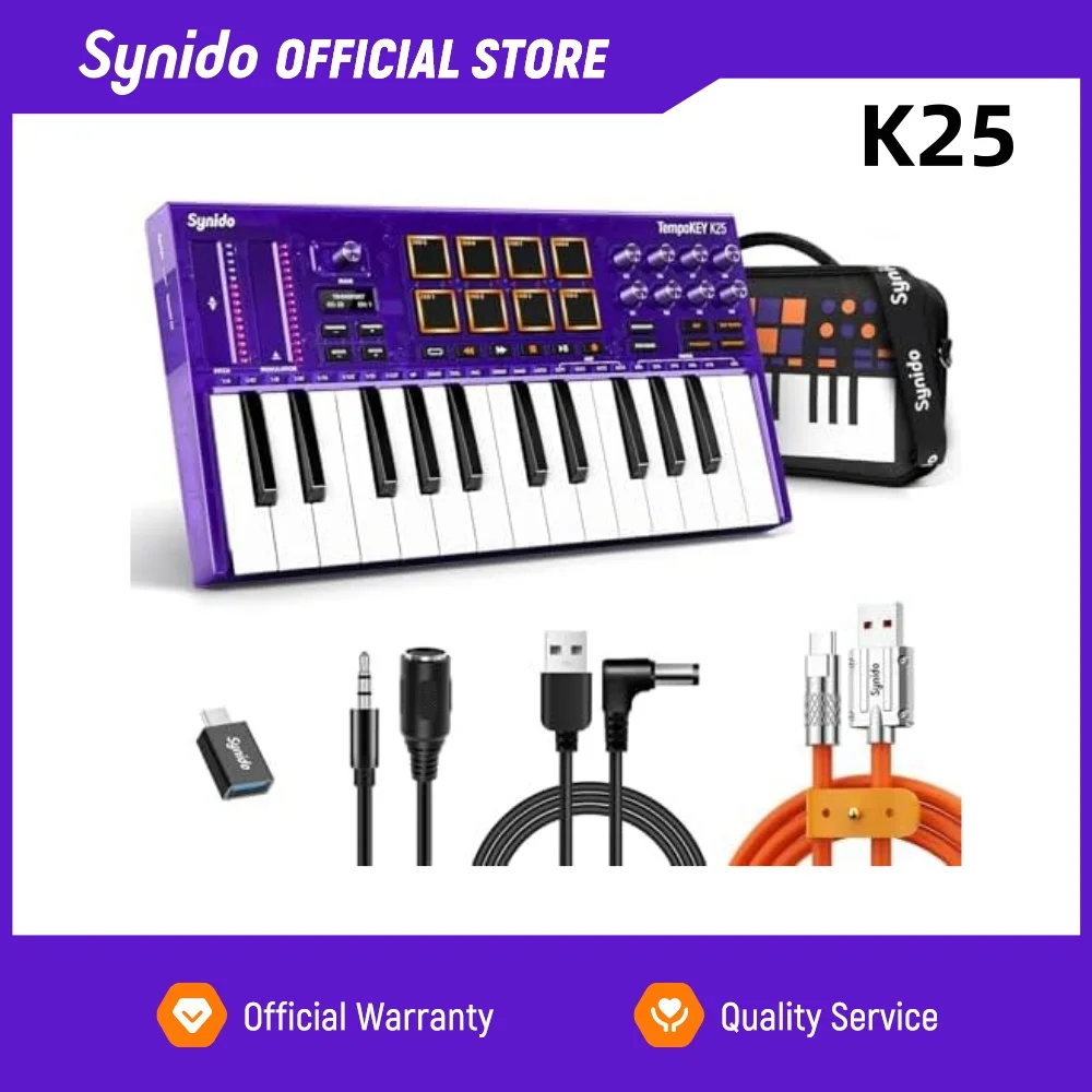 Synido Tempokey K25 USB MIDI Keyboard Controller，Beat Maker Machine for Music Production，with Drum Pads, OLED Screen