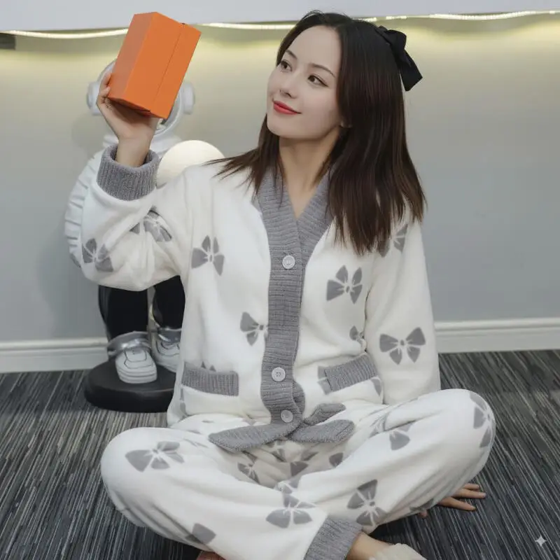 

Комплект из 2 предметов, утепленная пижама для девочек, домашняя одежда, теплая коралловая флисовая осенне-зимняя женская одежда для сна, ночная рубашка, домашняя одежда, верхняя одежда