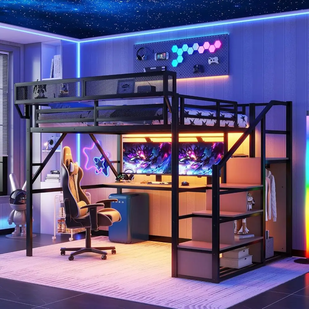 

Прочные металлические двухъярусные кровати с письменным столом, RGB-подсветкой, лестницей, полками и шкафом для детей и подростков