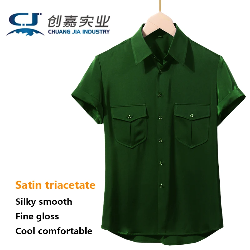 

Luxury Satin Triacetate Spring and Summer Men's Short-sleeved Shirt Black Temperament Vintage High-end Men's Smooth Luster Cool