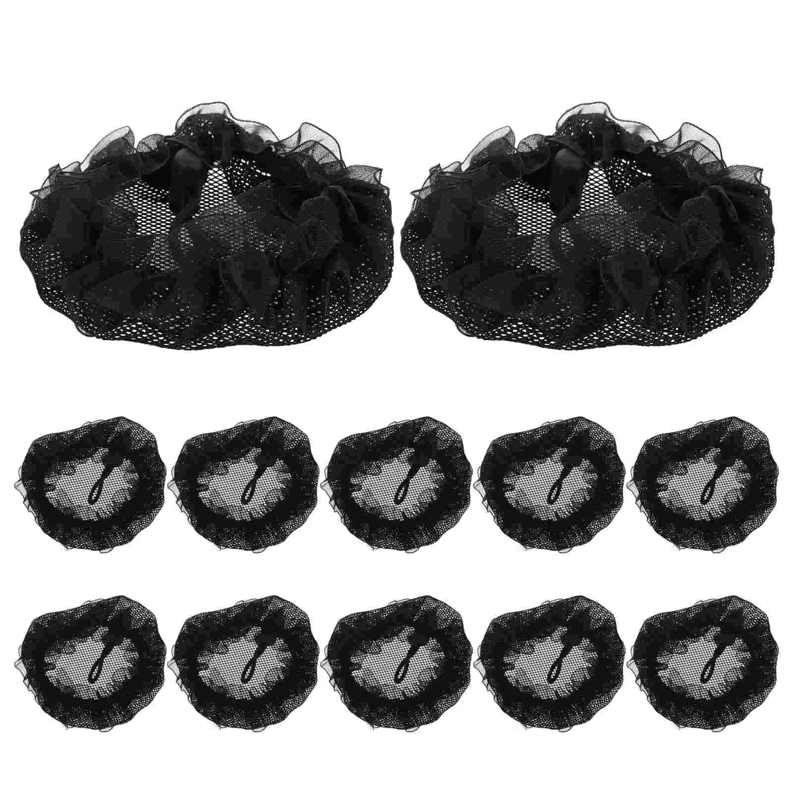 12 Pcs Lace Bridal Hair Accessories Nets with Flower Edge Cap Black Knit Snood Hat Buns