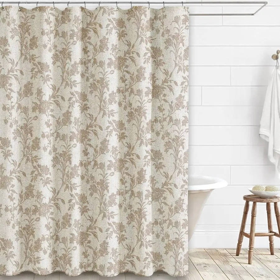 

Long Beige Shower Curtain Floral Cotton Linen Cottagecore Shower Curtain for Bathroom 90 L x 72 W