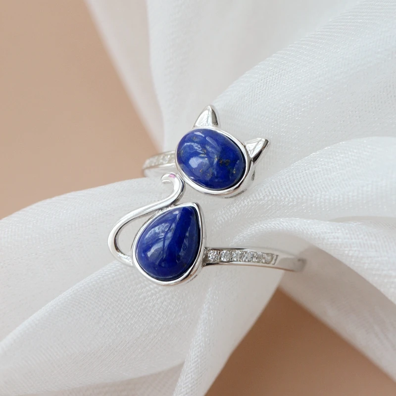 

Authentic 925 Sterling Silver Ring Inlaid Natural Lapis Lovable Little Cat Opening Rings Lady Fashion Style Jewelry Gift