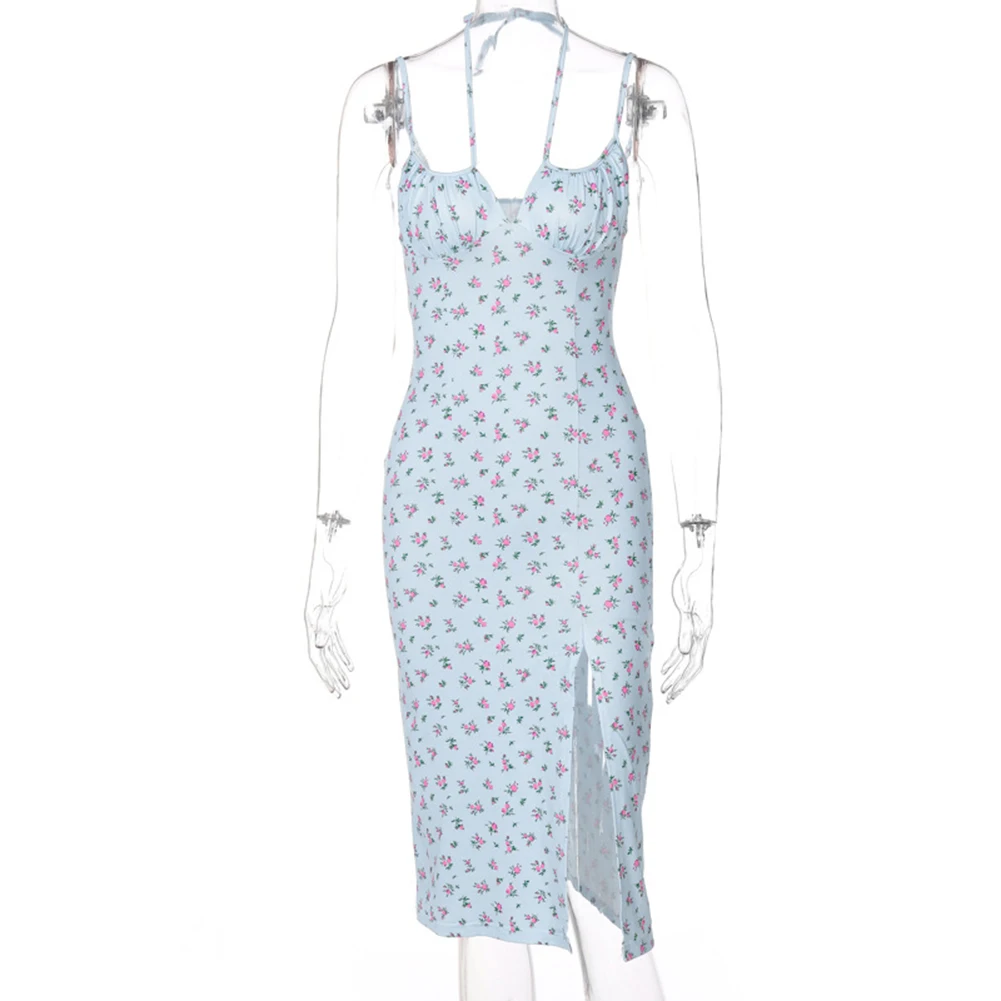 Rok Dames Jurk Sexy Lichte Stretch Zomer Geel Blauw Casual Vrouwelijke Bloemen Halter Open Vork Polyester Dagelijks