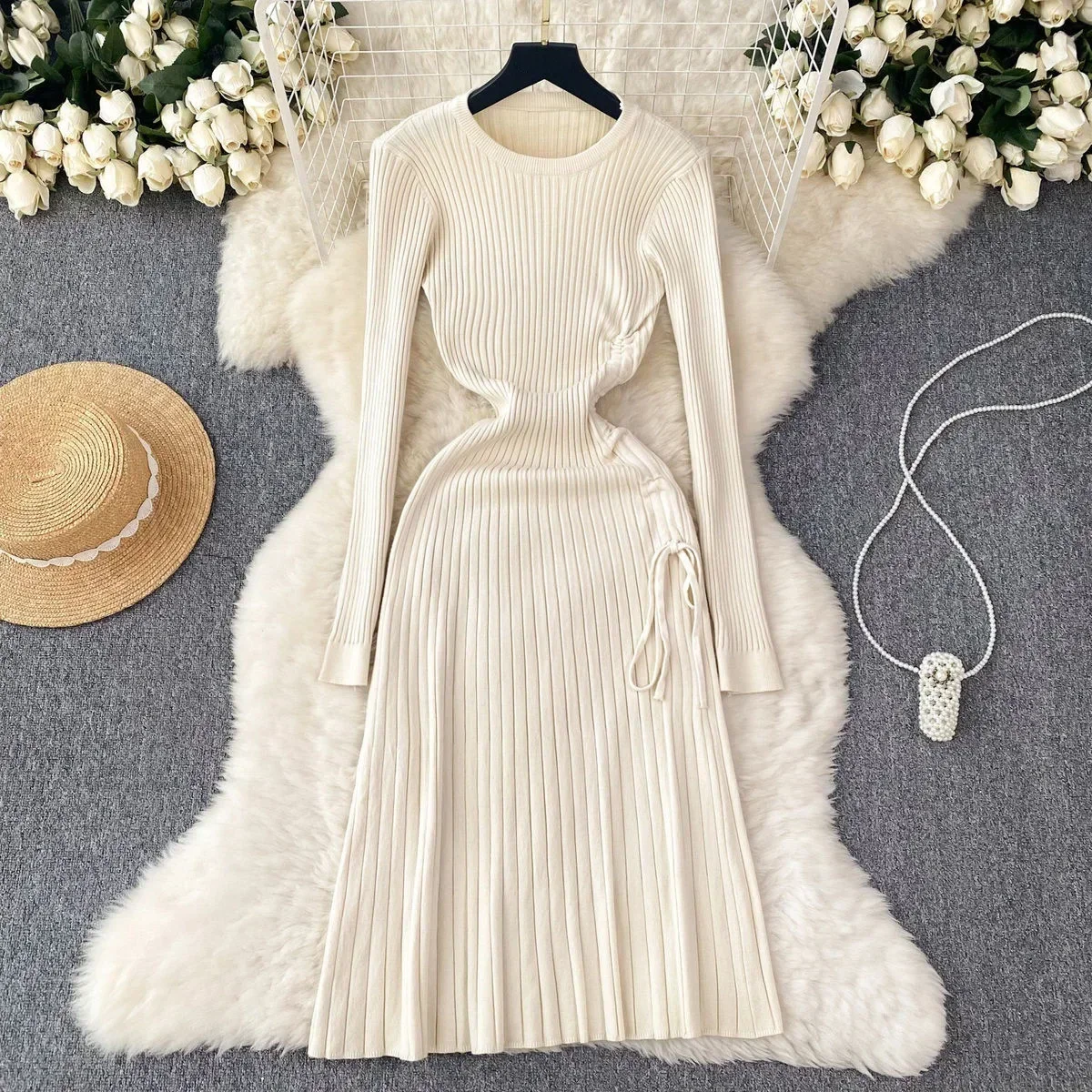 

Autumn Winter Knitted Soft Maxi Dress Casual All Match O-neck Basic Long Sleeve A Line Sweater Dress Streetwear Ladies Robe