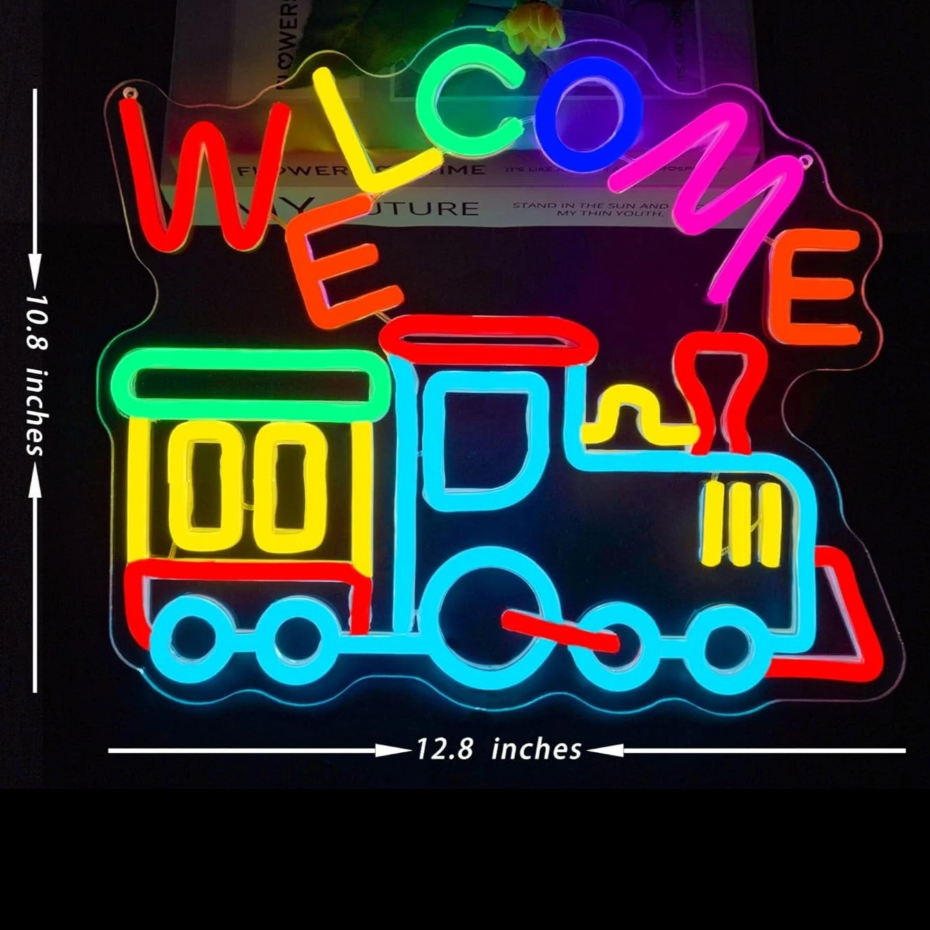 Welcome Train Neon Sign Colorful LED Neon Light USB Powered for Home Kids Room Playroom Train Party Birthday Decor Gift Dimmable