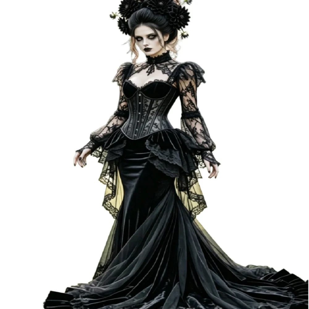 Victorian Gothic Black Wedding Dress Corset Long Lace Sleeve Velvet Mermaid Halloween Bridal Gown Open Back Medieval Customized