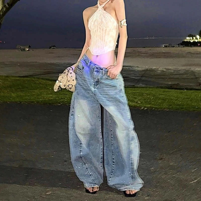 

Women Blue Y2k Print Vintage Jeans 2025 Autumn Harajuku 2000s Baggy Denim Trousers Streetwear Oversize Hip Hop Pants