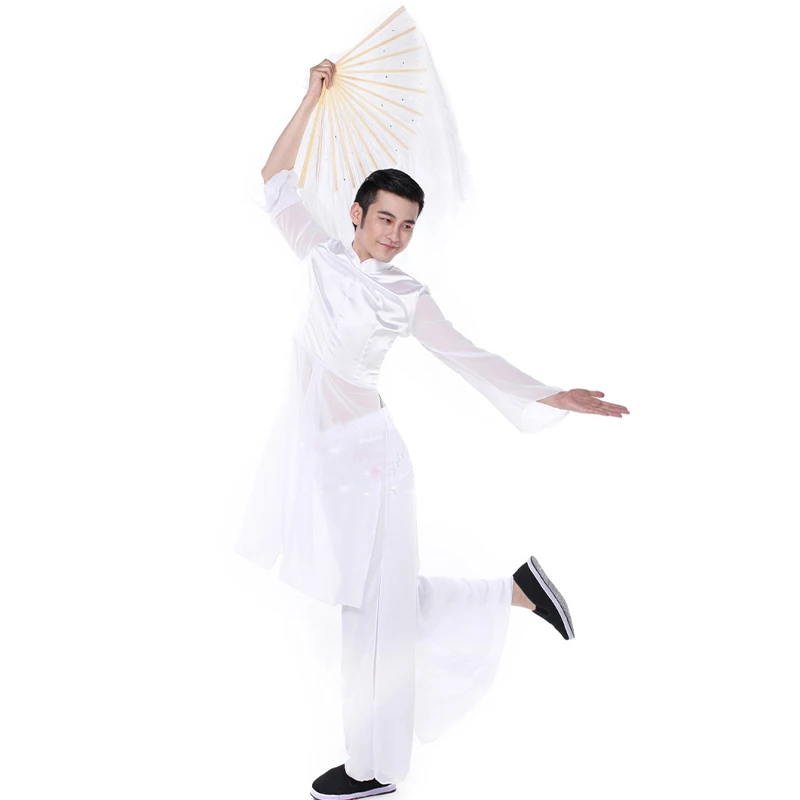 Uomo raso classico Dancewear Retro Stand Collar manica lunga in Chiffon Performance Costume Taiji Kungfu pratica uniforme latina