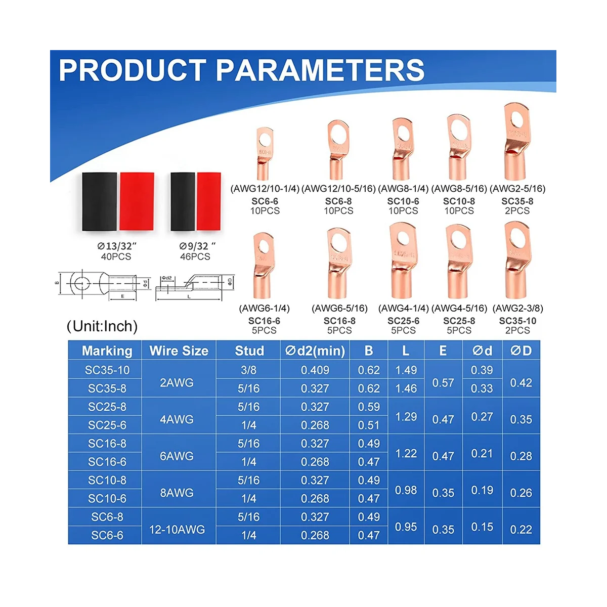 150Pcs Terminal Connectors,Copper Wire Lugs,Used on AWG12-10 8 6 4 2 Cable,64Pcs Battery Lugs Ends ,86Pcs Shrink Tubing