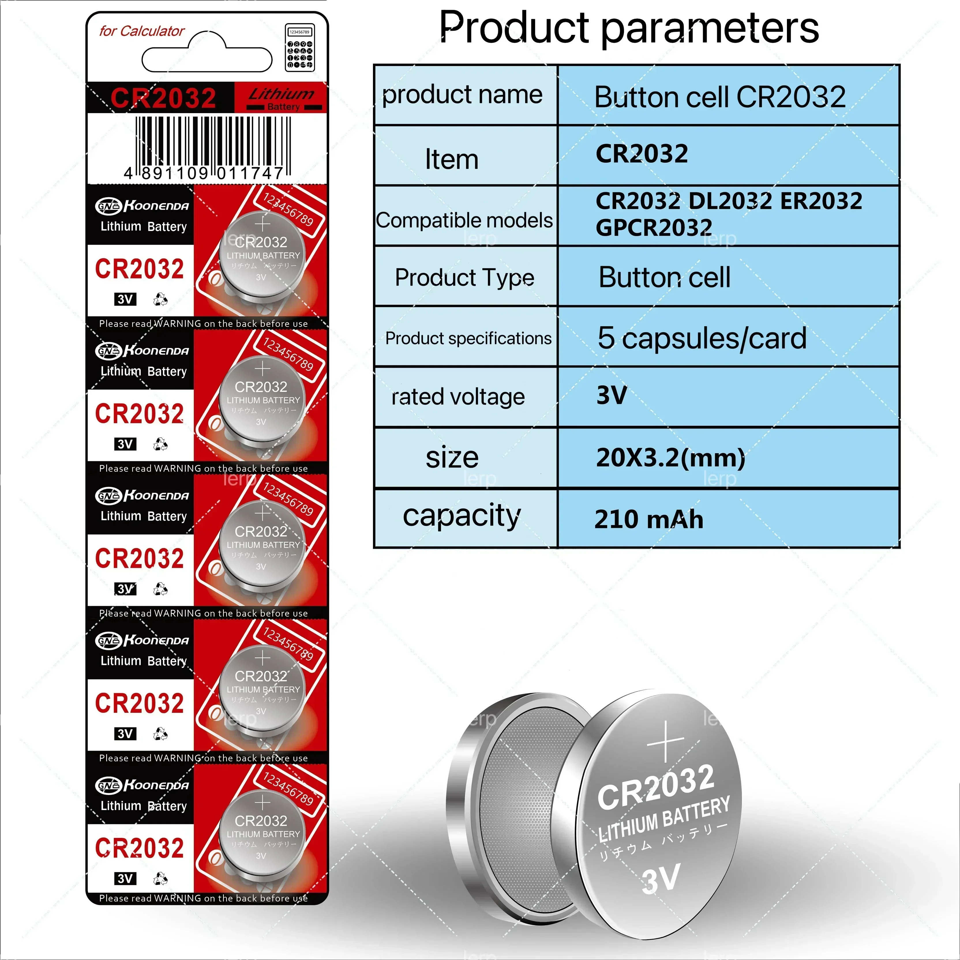 Batería de celda de moneda CR2032, dispositivo antirrobo de Control remoto para coche, electrónica