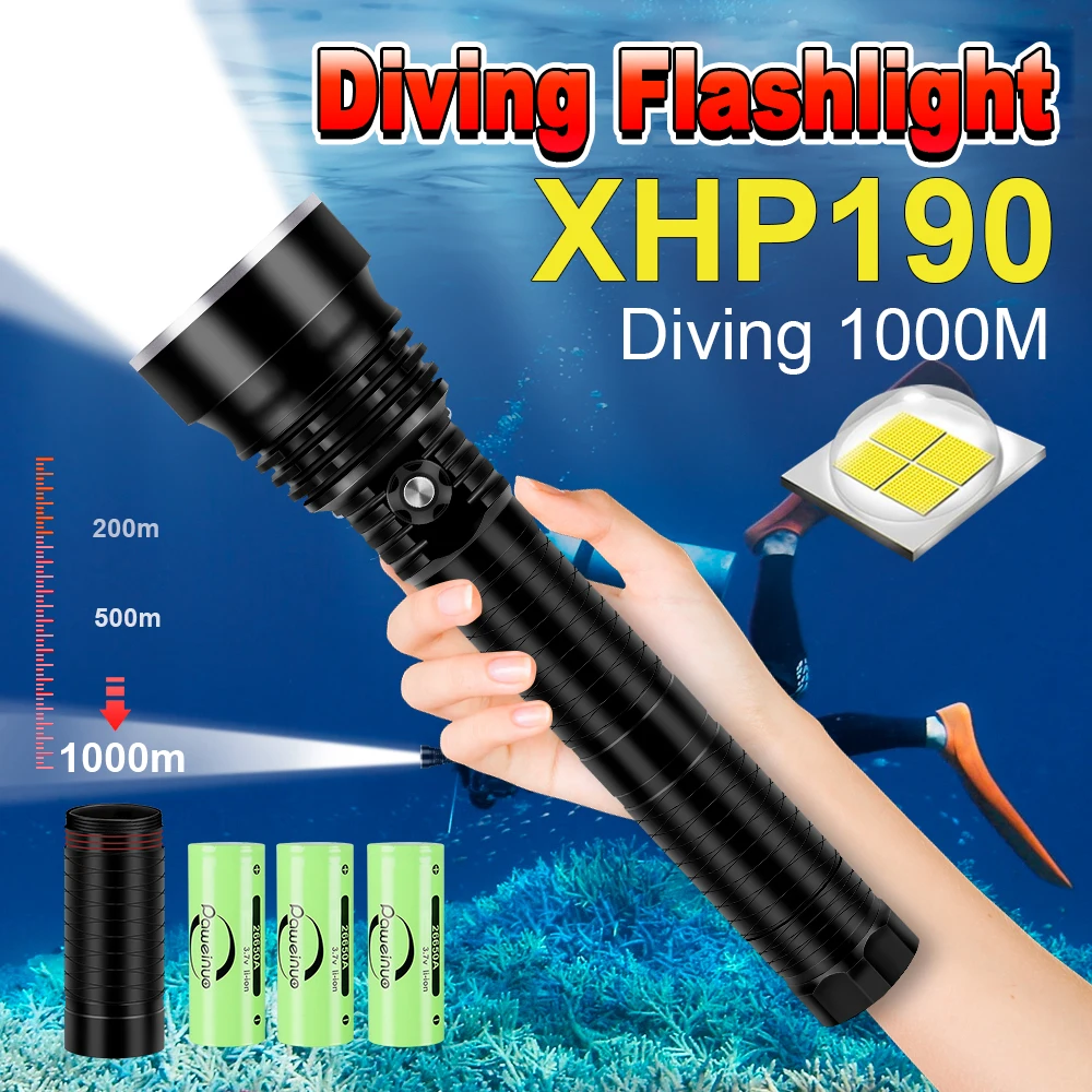 Latest Super Bright XHP190 Professional Diving Flashlight IPX8 Waterproof Lamp Diving Torch 1000m Underwater Lantern