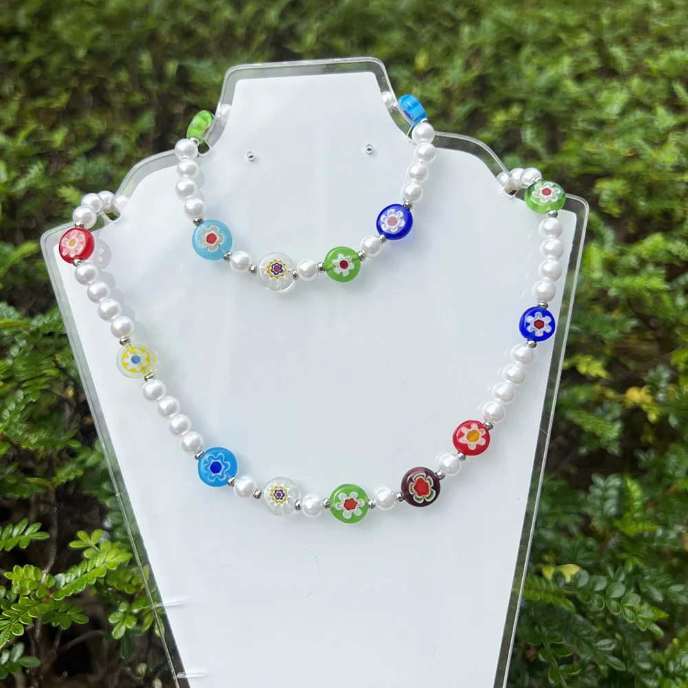 1set Fashion Round Imitation Pearl Glass Necklace Bracelet Set Suitable for Women's Clothing Matching Jewelry