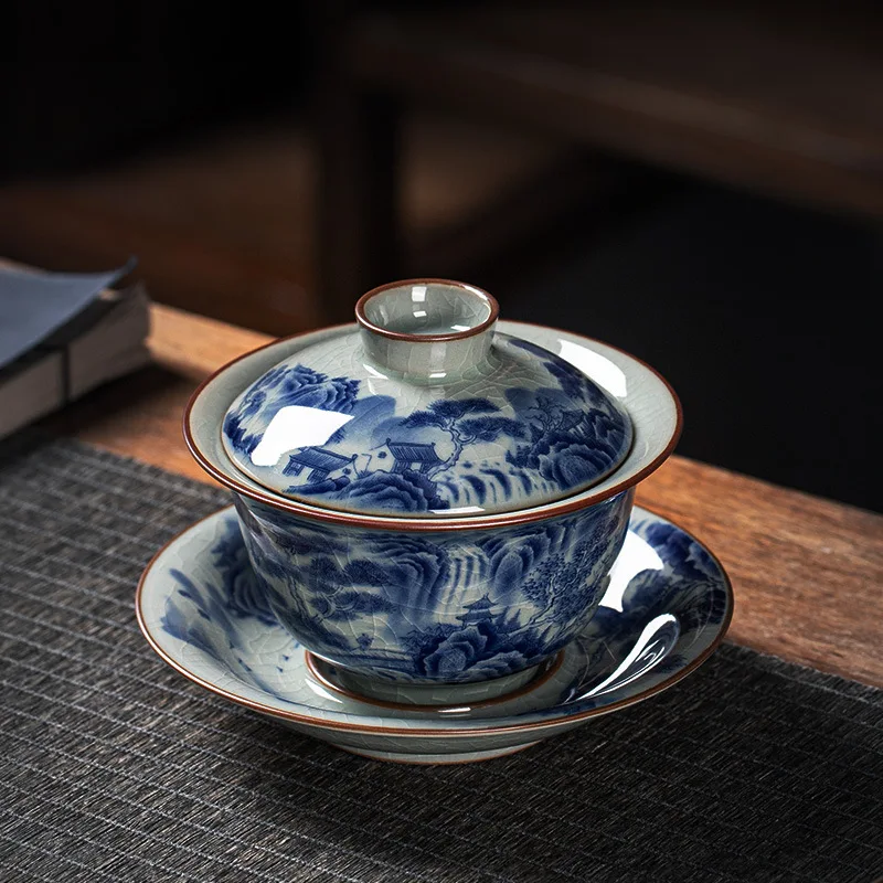 Old Clay Sancai Gaiwan Tea Cup Single High-End High-Mountain Water Ceramic Kung Fu Brewing Bowl Blue and White Set Small