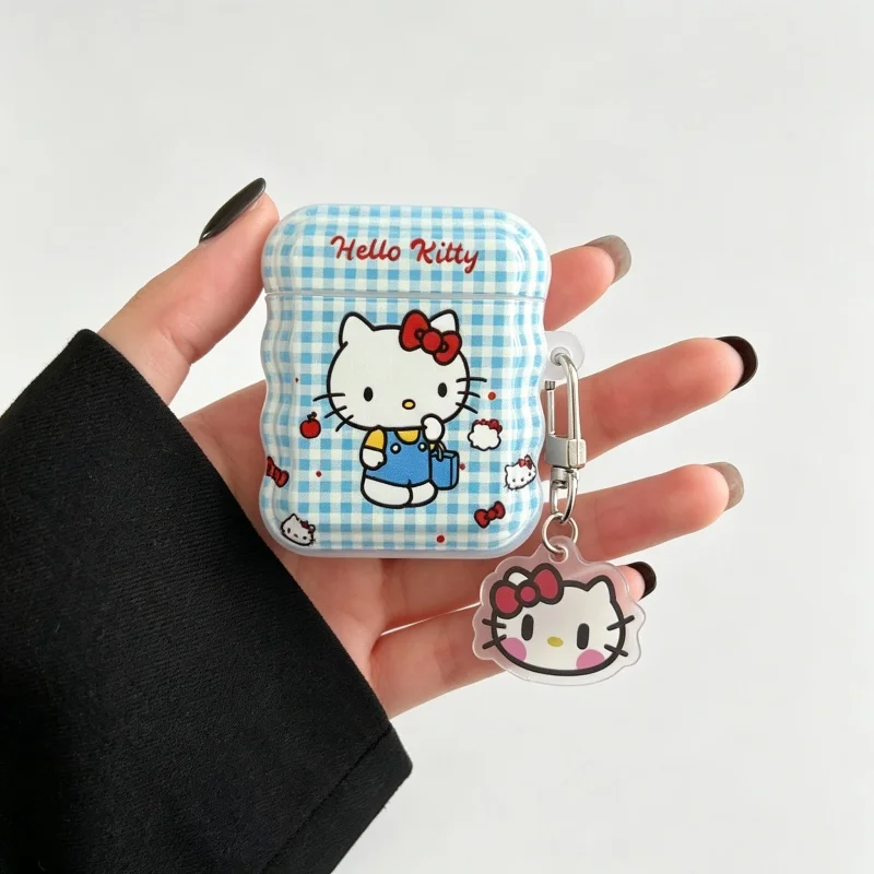 Cute Cartoon Small Fresh Blue Grid Hello Kitty Headphone Case For AirPods 4 2 3 1 Pro 2 3 Wireless Bluetooth Headphone Case view 6