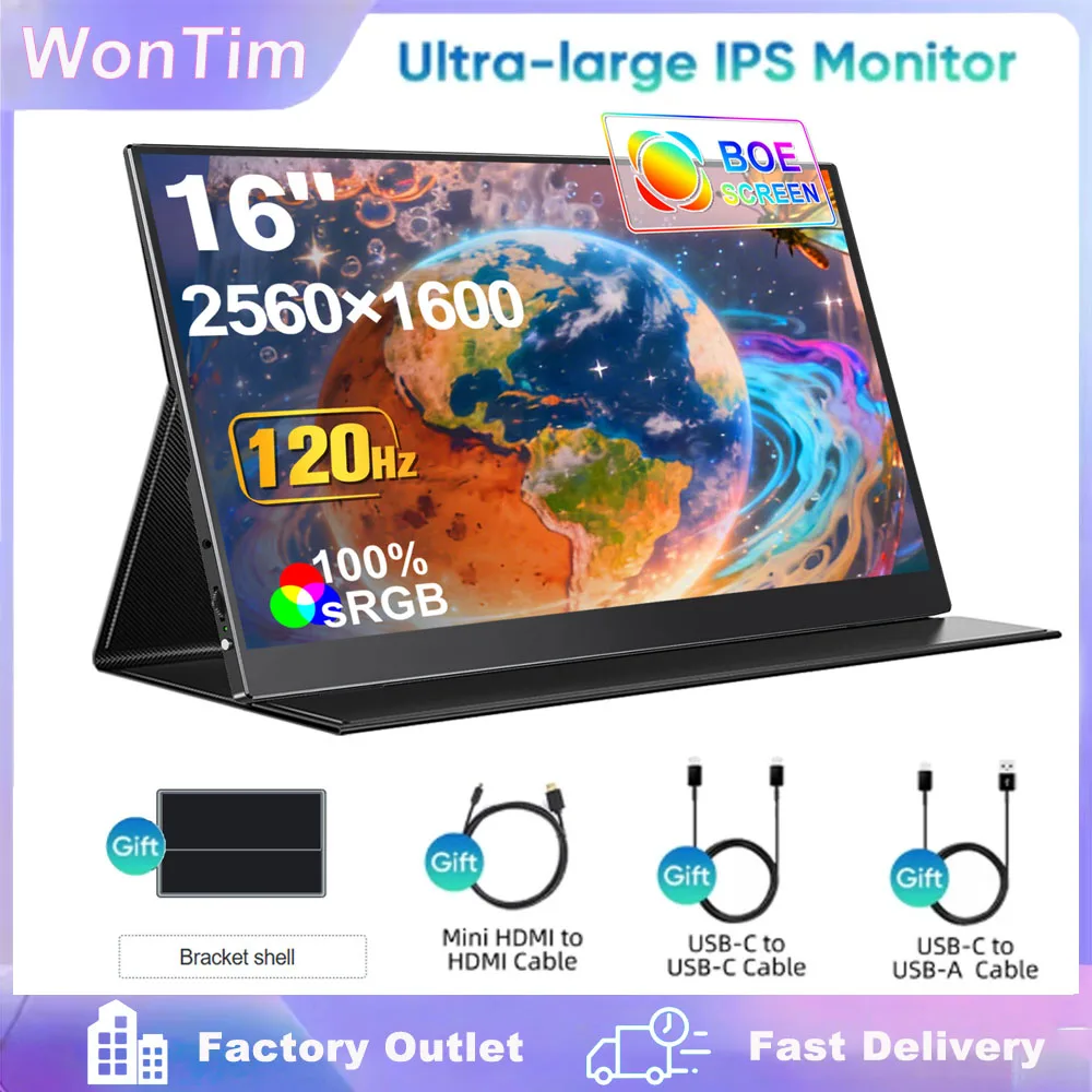 WonTim 120Hz 2.5k Portable Monitor 16 inch 100% sRGB Gaming Laptop Display with Type C Mini HDMI For PS/Steam/Deck/Switch/PC/Mac