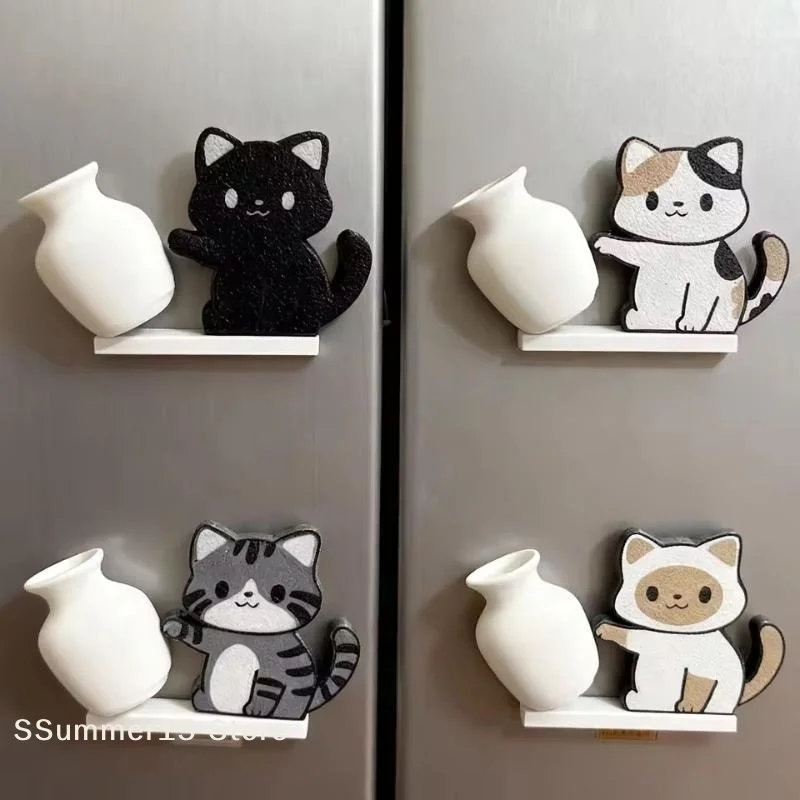 【R】 Aimants de réfrigérateur en forme de chat poussant un vase, Décoration d'intérieur, Aimant de réfrigérateur, Collection de moustaches de chat, Boîte commémorative, Décoration pour la maison et le bureau, Idéal pour un cadeau