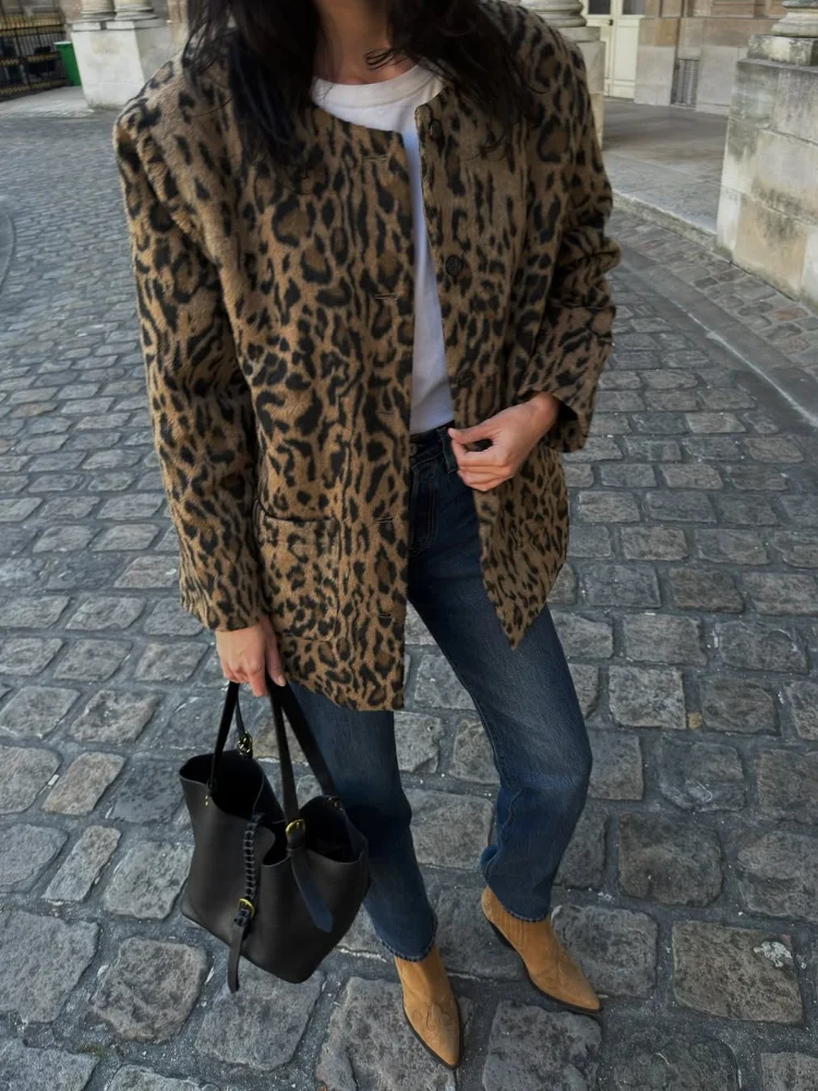 Leopard Print Casual Coats Round Collar Single Breasted Loose Straight Wool Blend Jacket Warm Daily Outfits For Women In Fall