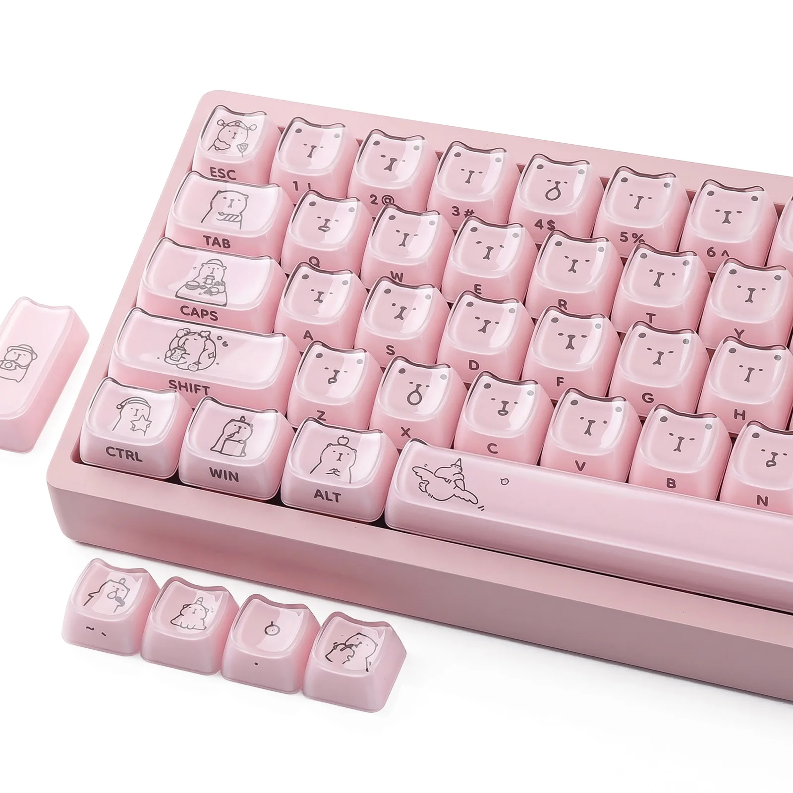 Crystal Jelly Pink Capybara Keycaps Set - 119 Keys MAO Profile Dual Legends for Mechanical Keyboard