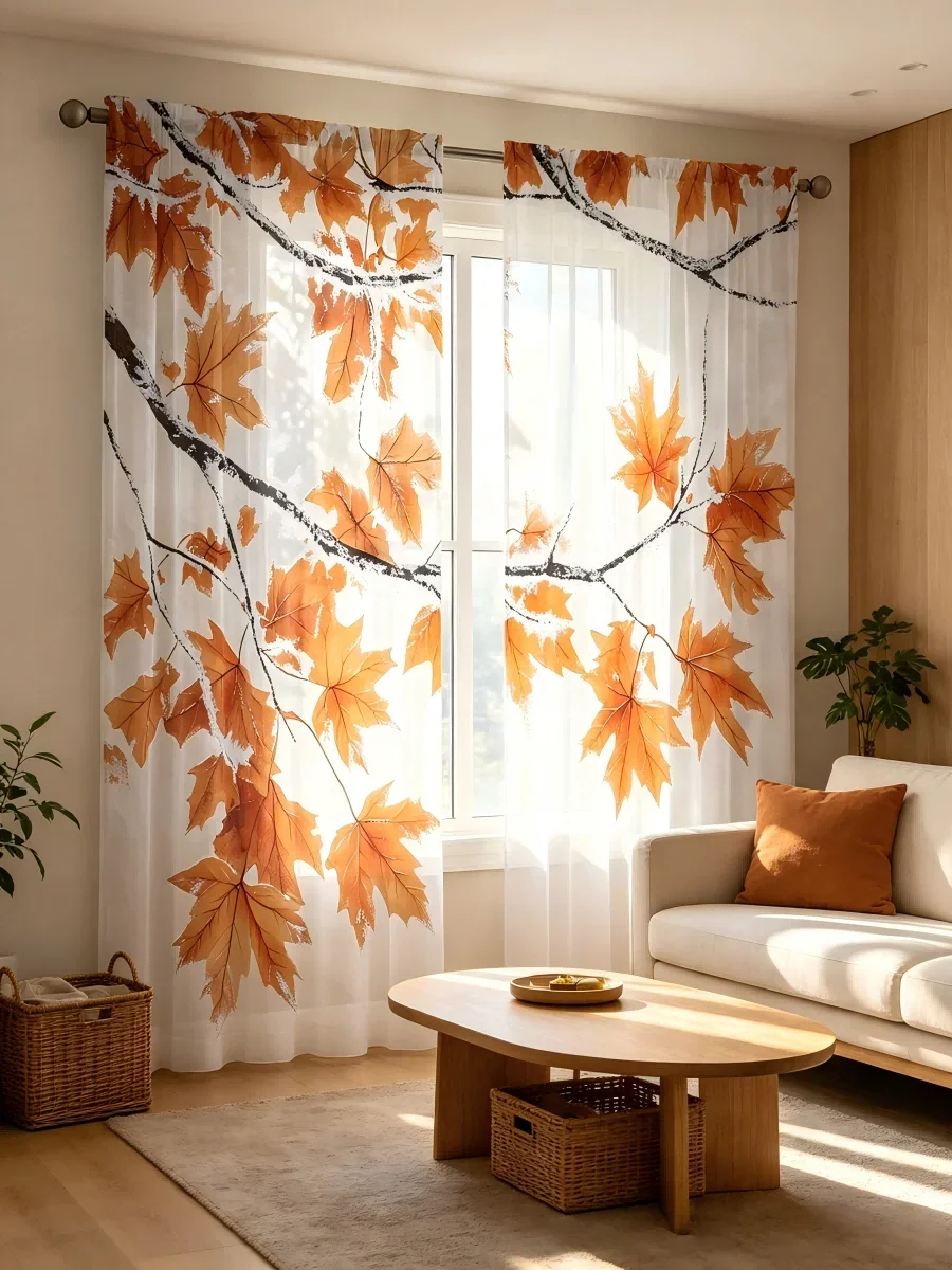 2PCS Digital Print Sheer Curtain, Snow Covered Maple, Winter Autumn Seasonal - Voile Drapes for Bedroom Living Room Decor