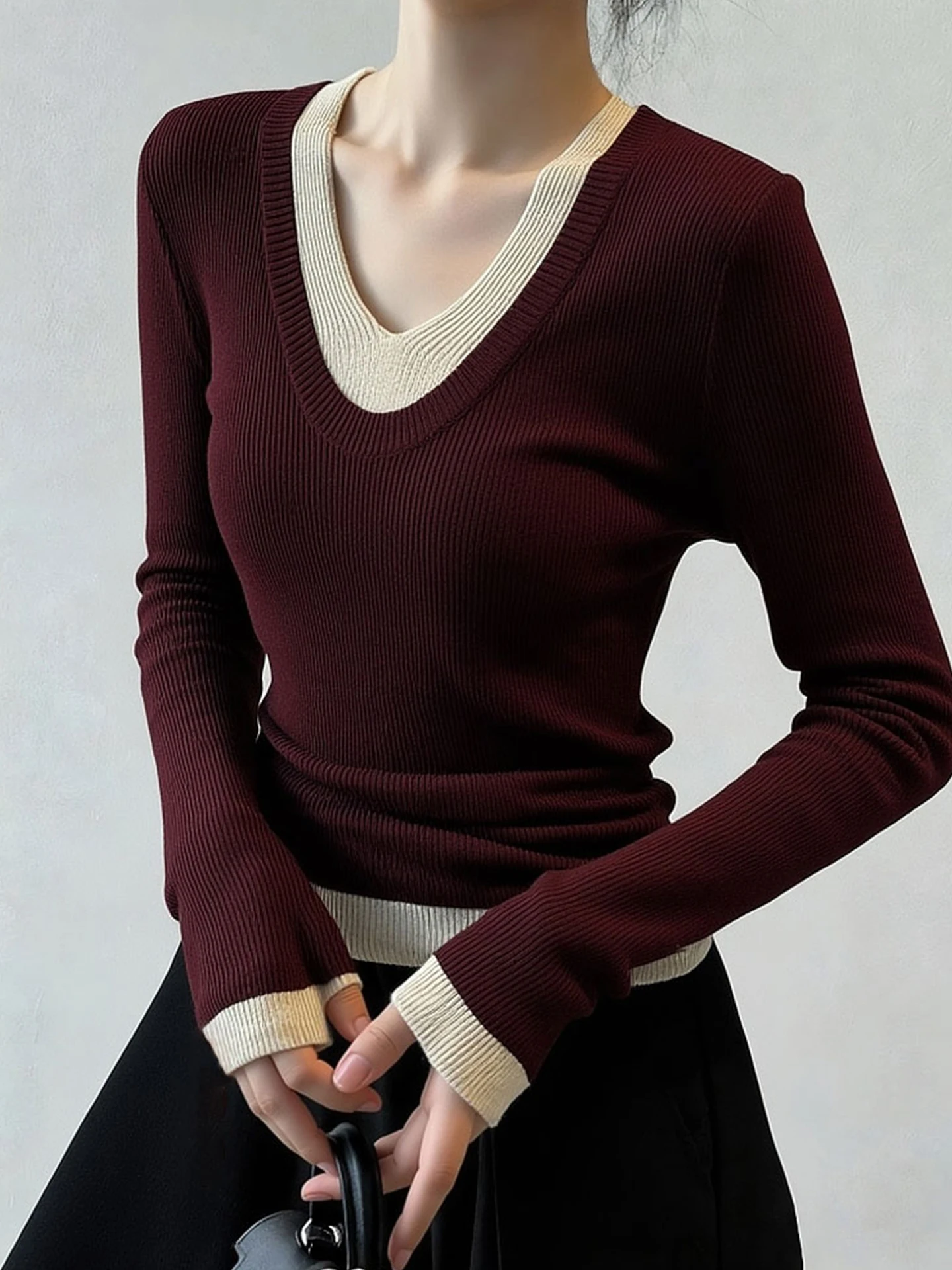 

Korean Sle Long Sve Knitted Sweater Women's Base Layer irt Color Blo Design Slim Fit Autumn Faion 2025