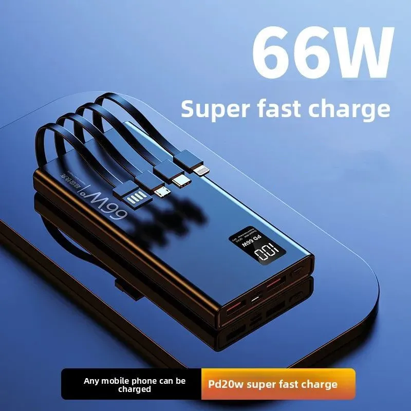

Внешний аккумулятор 66W с быстрой зарядкой USB Type-C и встроенным кабелем для iPhone, Xiaomi, Huawei, Samsung, Powerbank PD20W