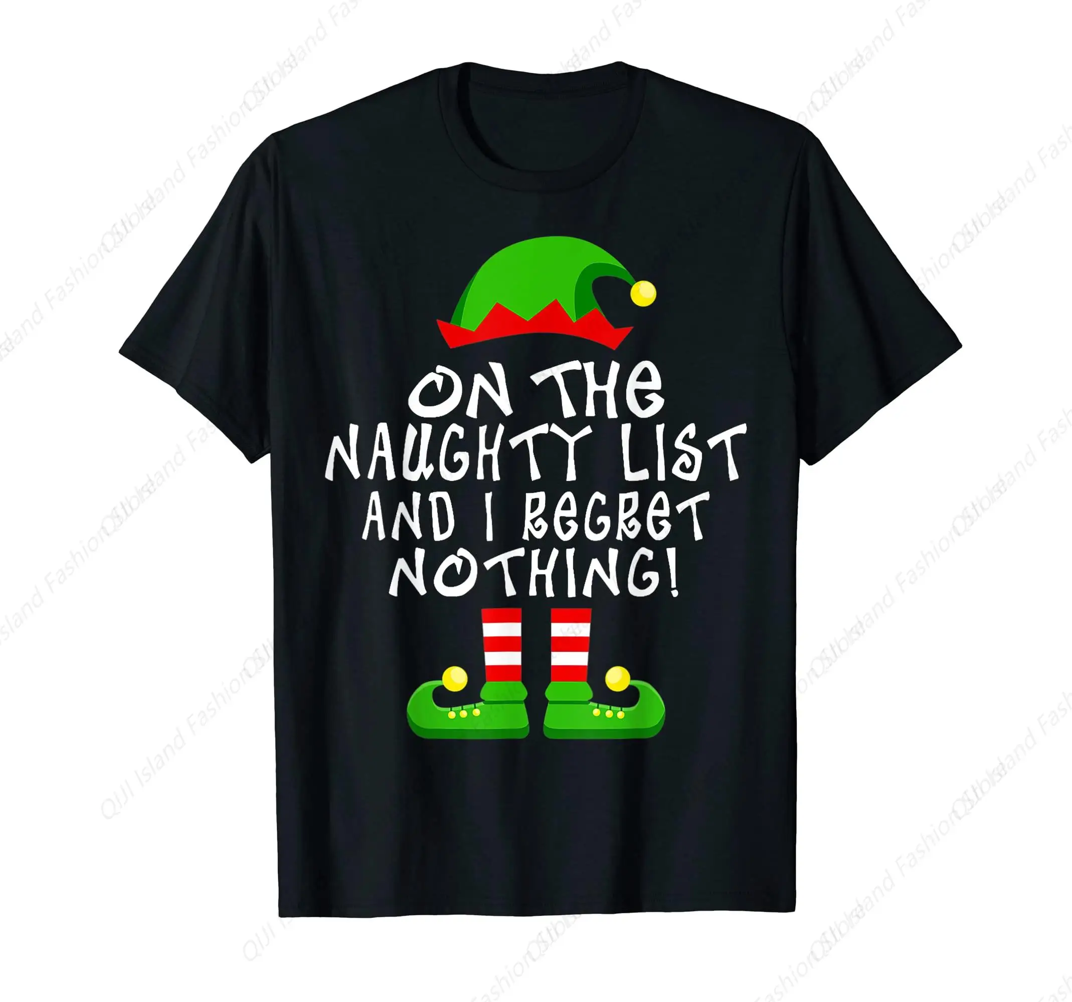 

On The Naughty List And I Regret Nothing Christmas Elf Funny T-Shirt
