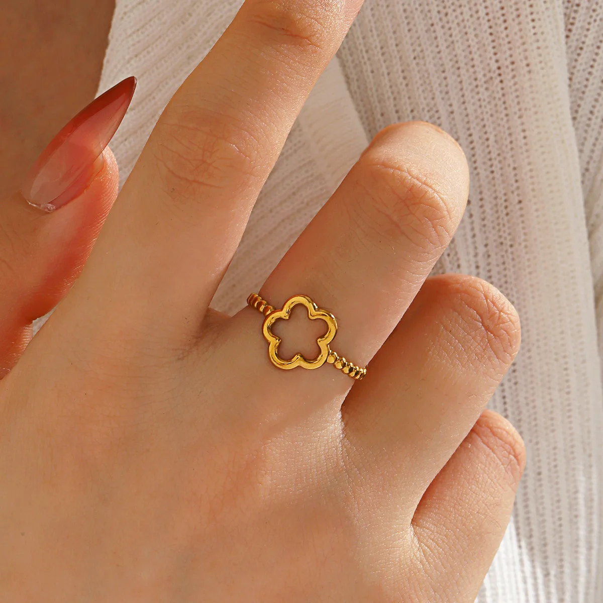 Gold Color Adjustable Five Leaf Flower Knuckle Ring for Women Aesthetic Wedding Party Fashion Jewelry Gift