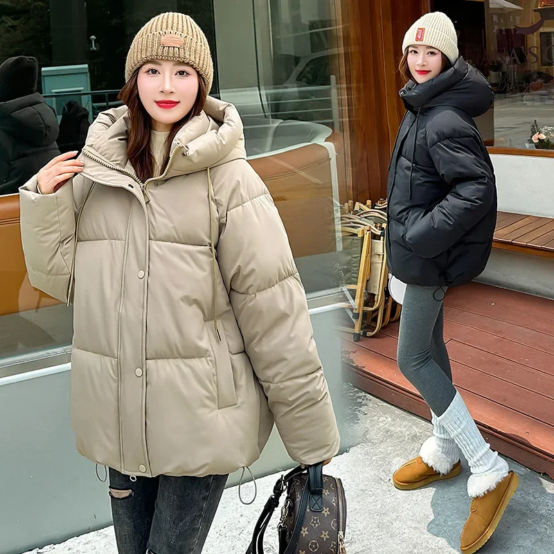 

Женские парки с капюшоном, новинка зимы 2025, однотонные универсальные молнии, пуговицы, сращенные карманы, повседневная короткая стеганая куртка, женская одежда