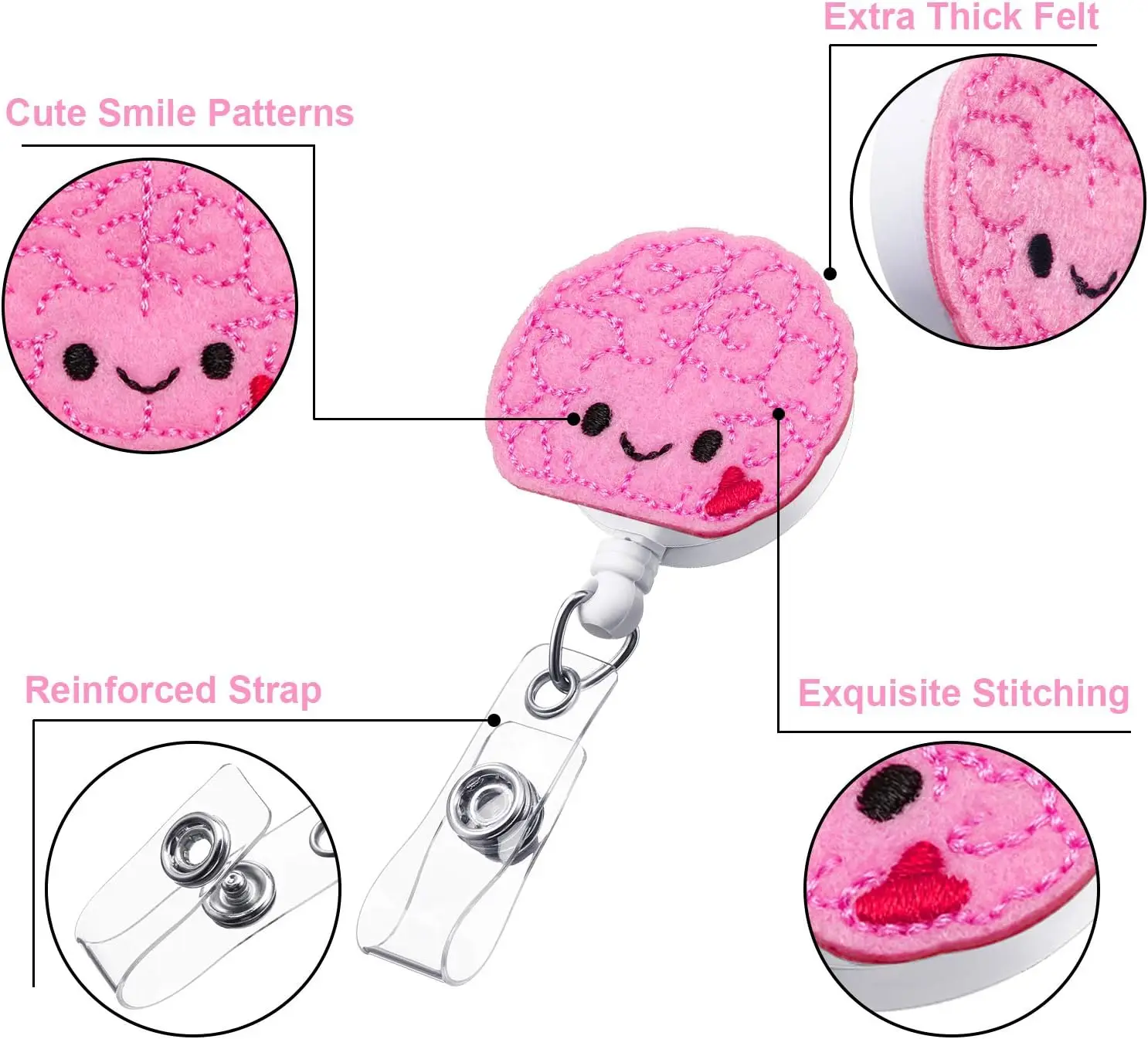 Brain Badge Reel Cute Felt Retractable Badge Holder ID Badge Reel Alligator Clip for Men Women Nurse Doctor Teacher