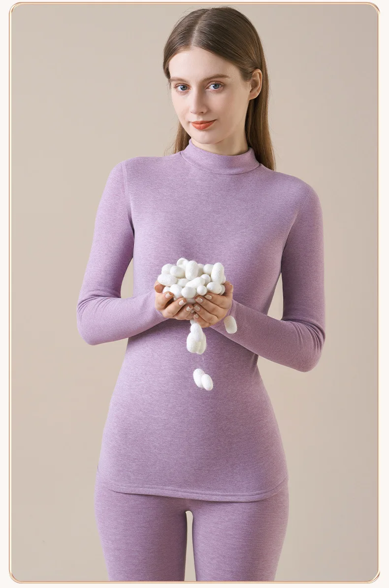 Damen-Thermo-Unterwäsche aus Kaschmirseide, Thermoshirts, warme Hosen, verdickte, einfarbige, halbrollkragenartige Oberteile, langärmlige Winterkleidung. – Detail 11