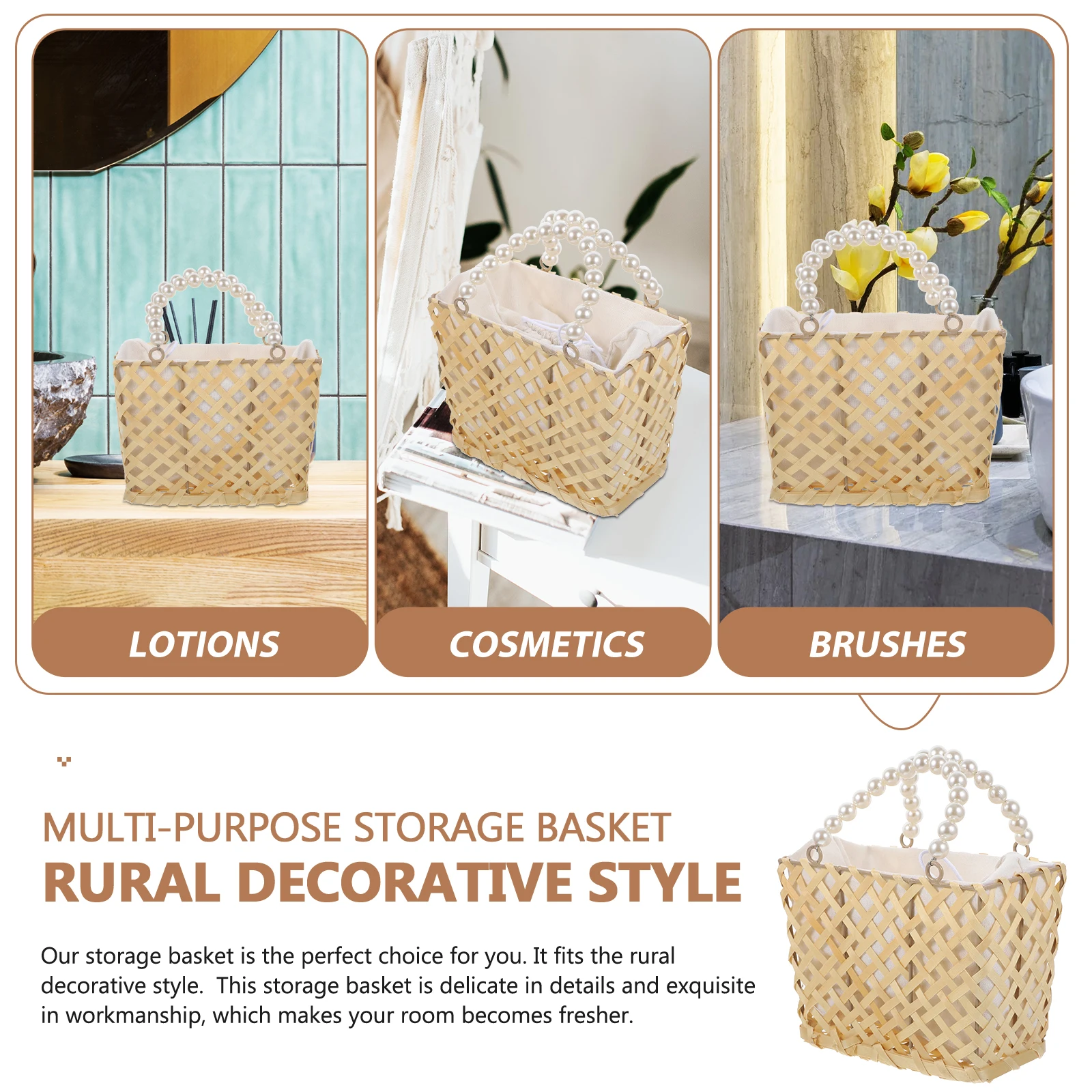 

Rustic Handheld Woven Basket Storage Picnic Outdoor Portable Strong Bamboo Cloth Plastic Vintage Handle Fruit Dessert