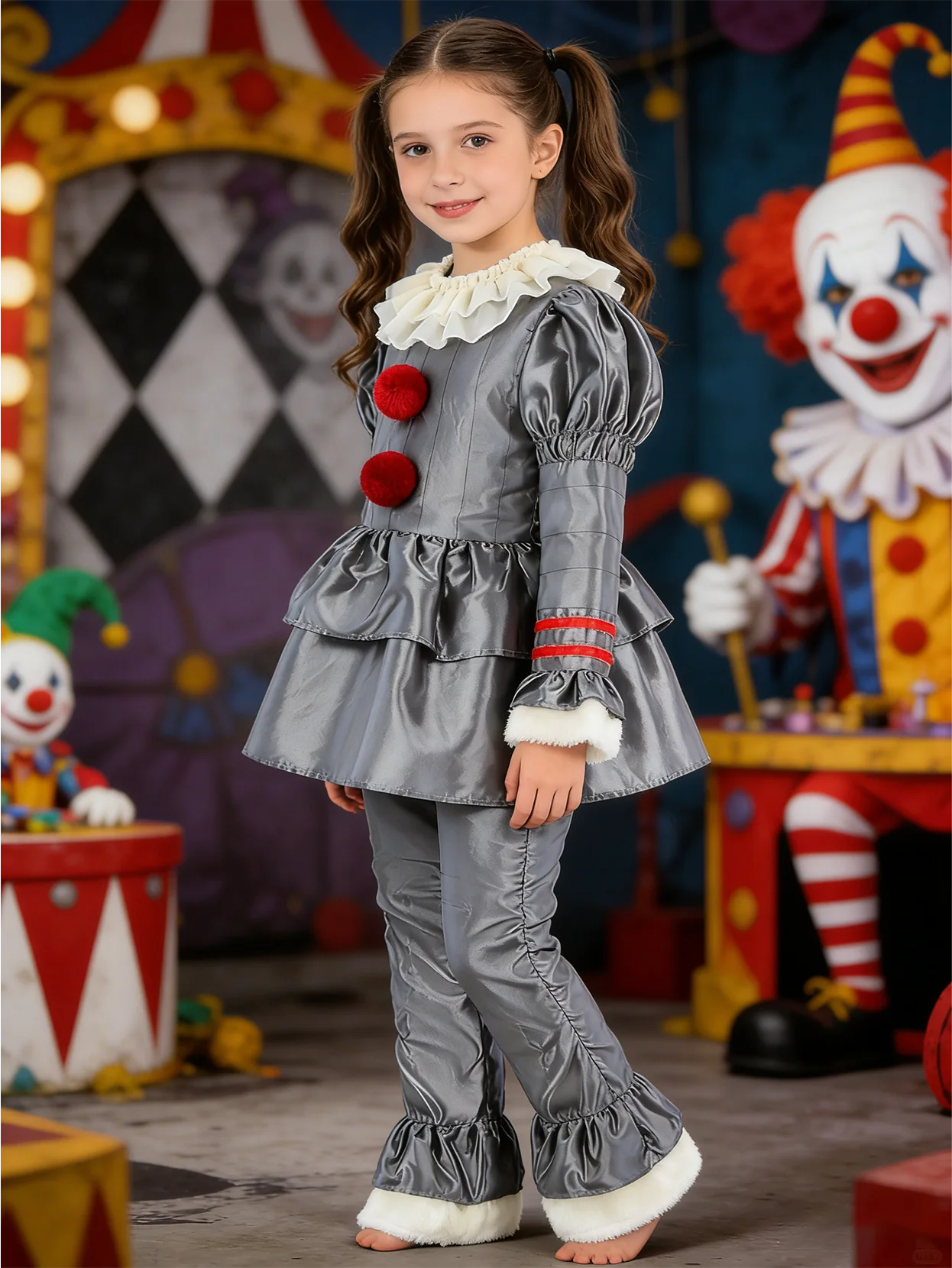 Disfraz de Payaso para Niña: 1 Top Gris + 1 Pantalón Gris; el Frente del Top Presenta Pompones, y el Diseño Único de las Mangas Abullonadas en los Hombros Es Atractivo; Disfraces de Payaso para Halloween, Carnaval y Varias Fiestas