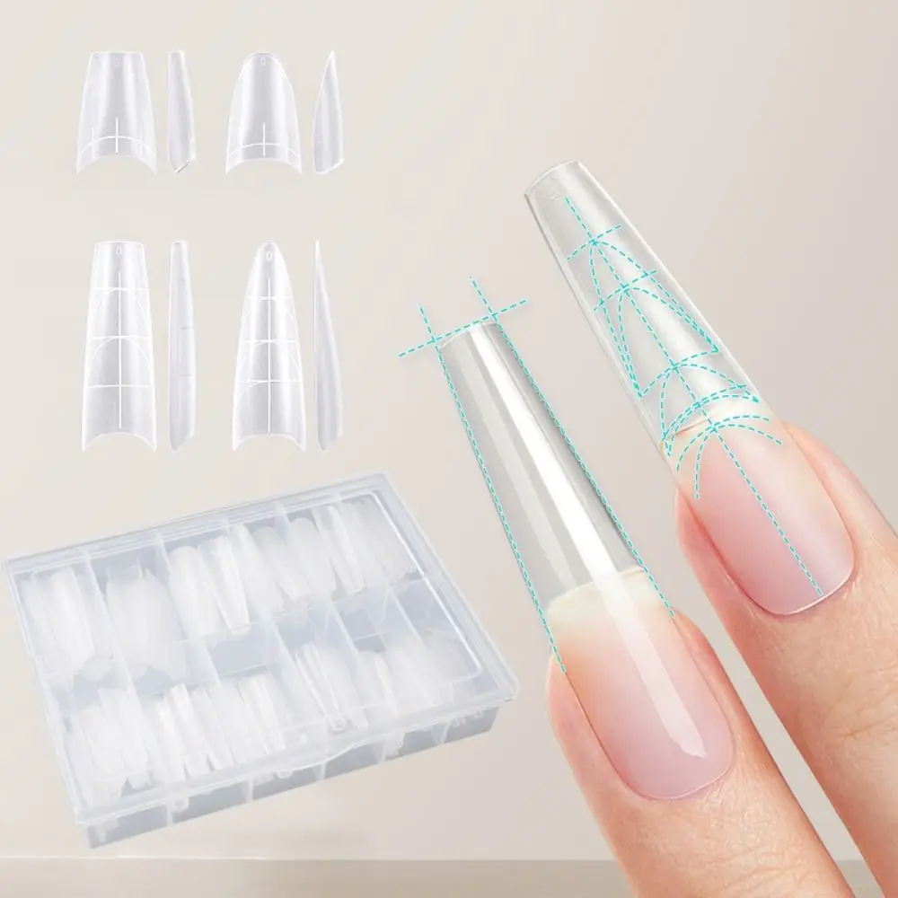 Half Cover French False Nails Long Coffin Shaped with Guiding Line Scaled False Full Nail Tips 3D Transparent