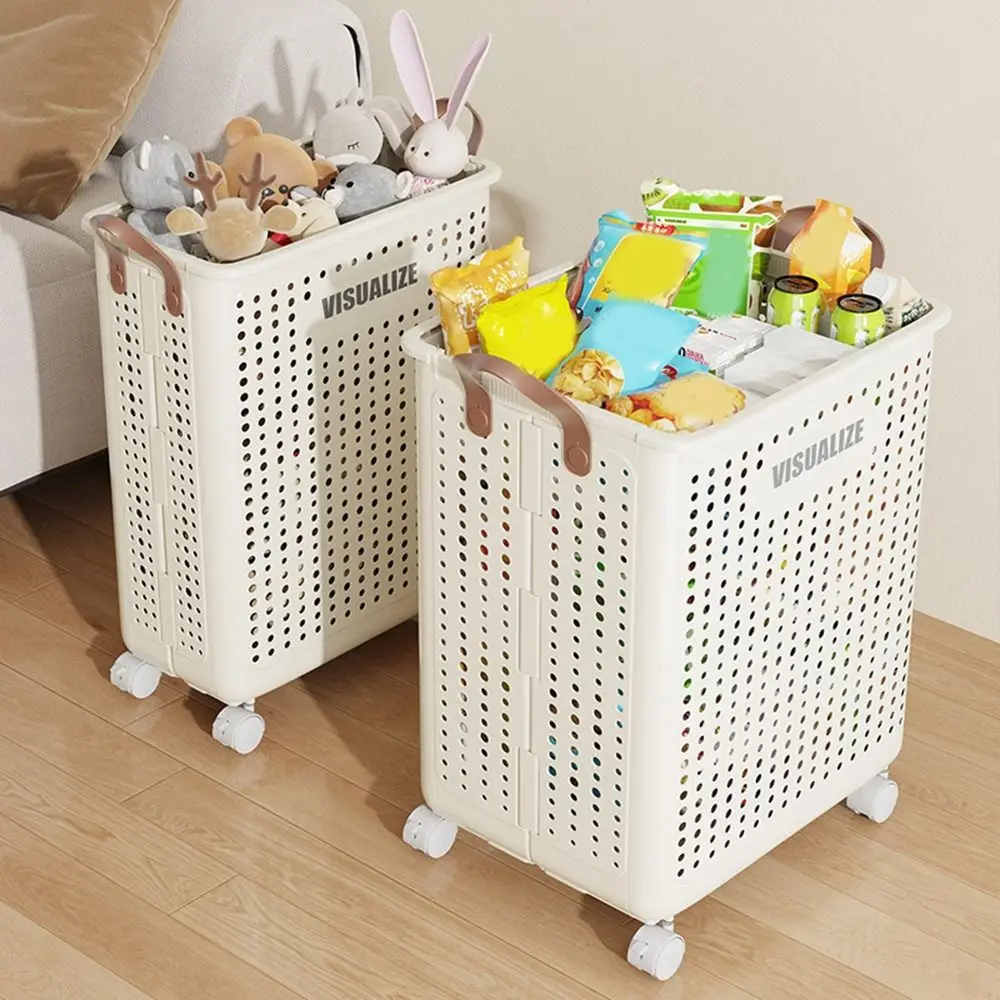 

Plastic Wheeled Folding Laundry Basket Large Capacity Ventilated Folding Dirty Clothes Basket Space Saving with Wheels