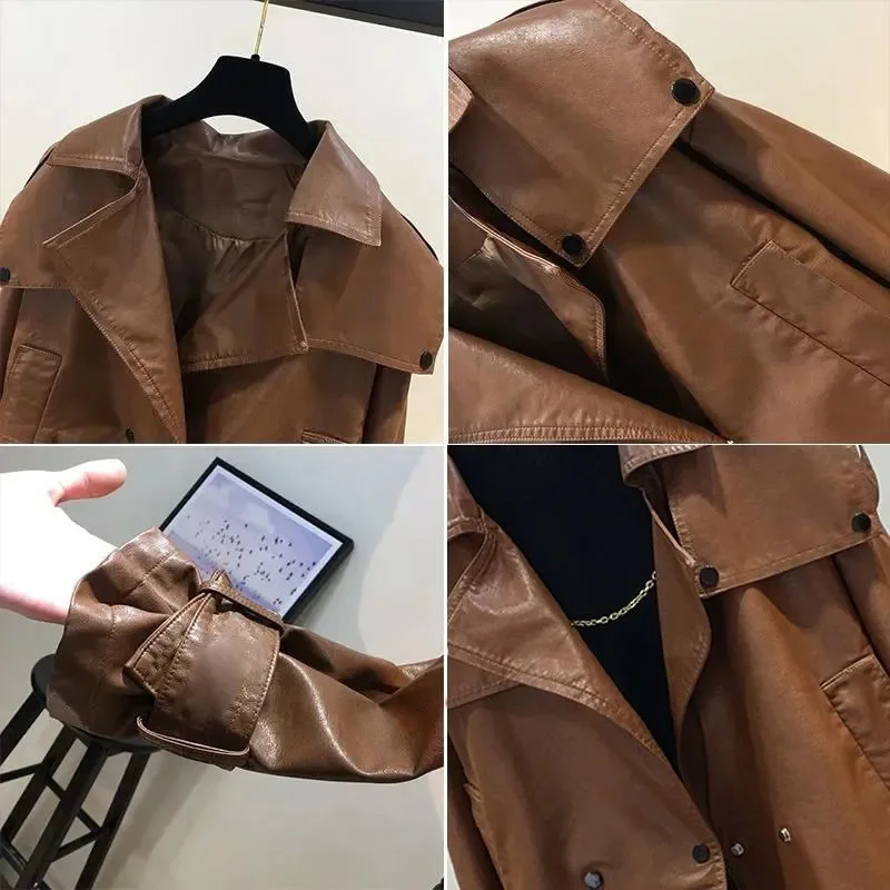 Lapel Motorcycle Leather Jacket Women\'s 2024 Spring Autumn Leather Outerwear Tops New Fashion Windproof Coat Jackets Female