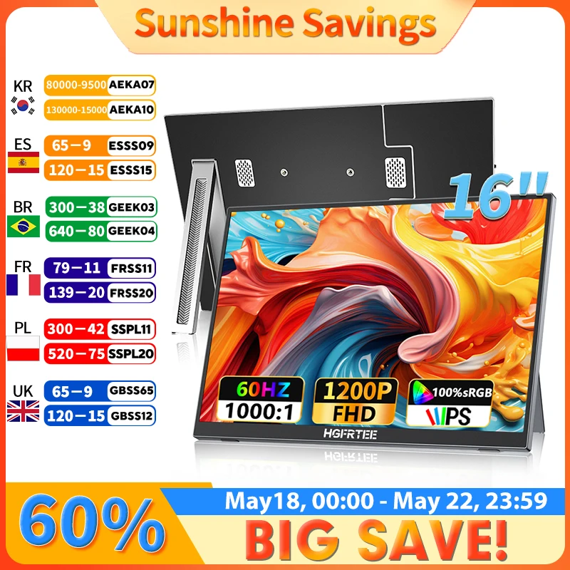 HGFRTEE 16" Portable Monitor 100%SRGB 1200P FHP IPS for Laptop Mac Surface PC PS4/PS5 Xbox Built-in Speakers VESA Mountable