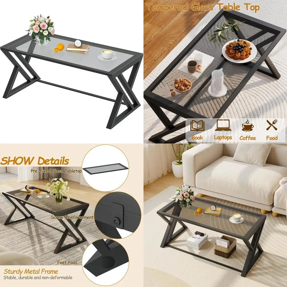 

Modern Grey Tempered Glass Coffee Table with Metal Frame for Living Room and Home Office