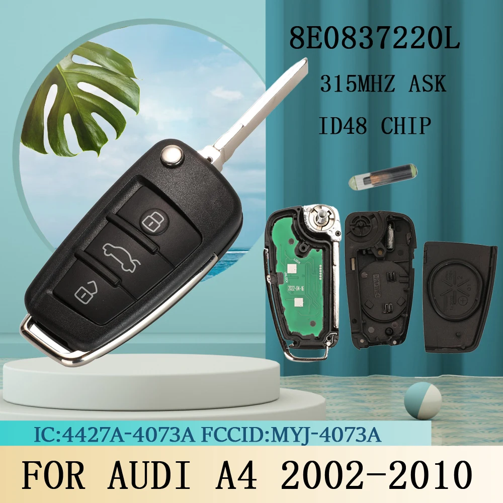 

Jingyuqin 8E0837220L 3 кнопки 4427A-4073A MYJ-4073A 315 МГц ASK ID48 чип дистанционного управления автомобильным ключом для Audi A4 2002-2010