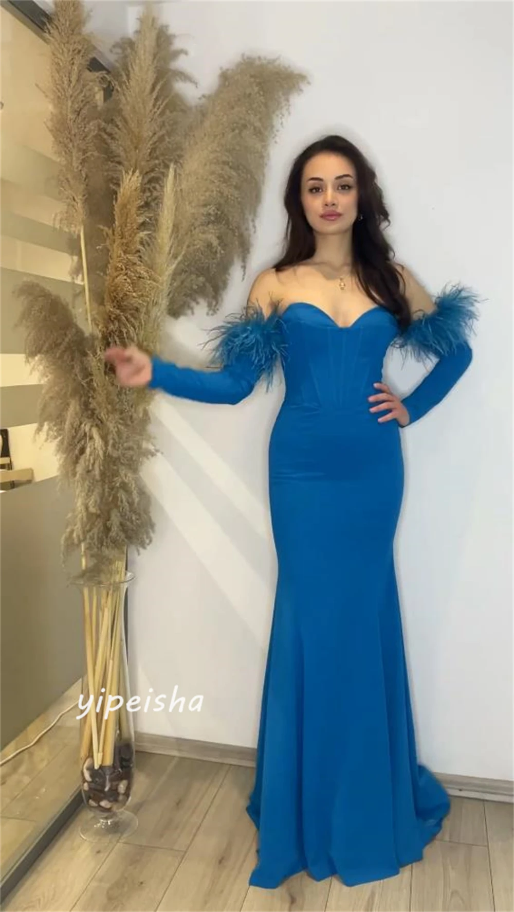 Jersey Feather Ruched Party A-line Off-the-shoulder Bespoke Occasion Gown Long Dresses Evening Saudi Arabia